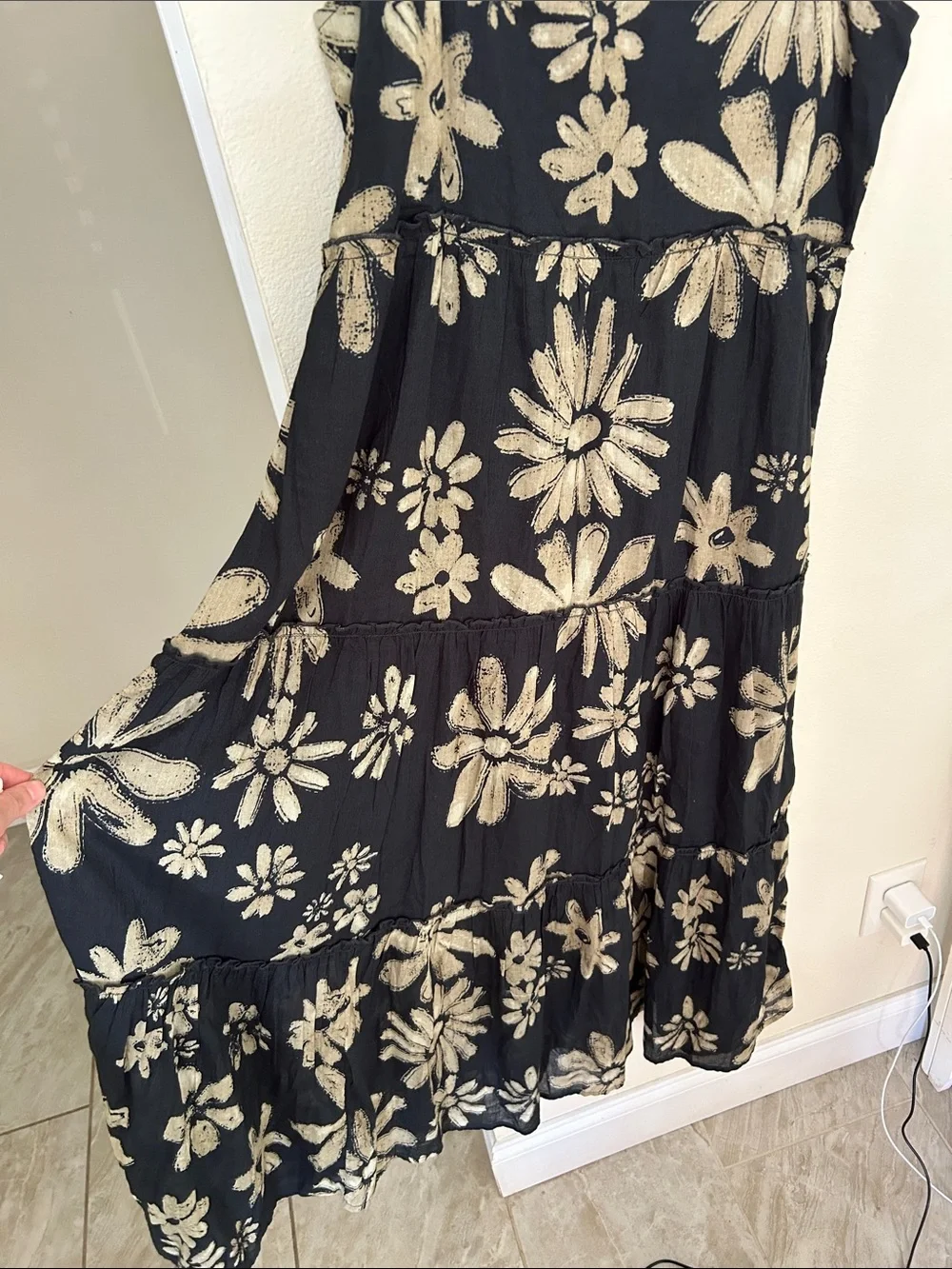 Natural life Adele Cotton black cream boho floral Maxi Dress M